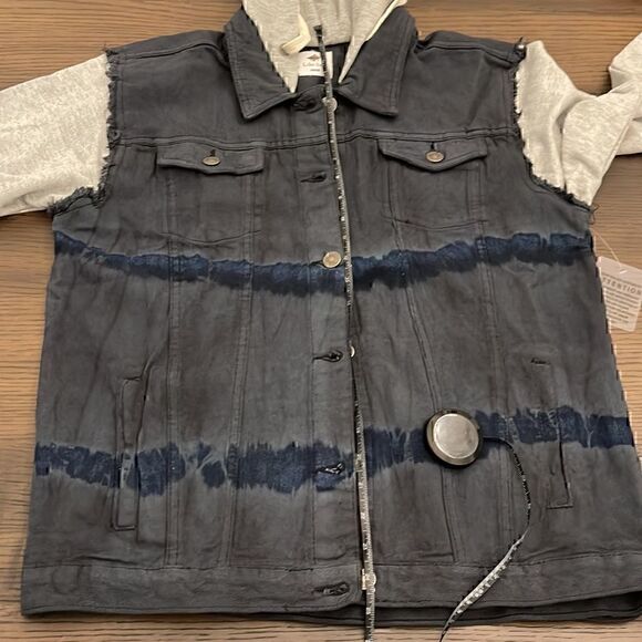 Like Love Navy Tie Dye Denim Jean Jacket Hoodie w/ Heathered Gray Grey Sleeves - Picture 12 of 16